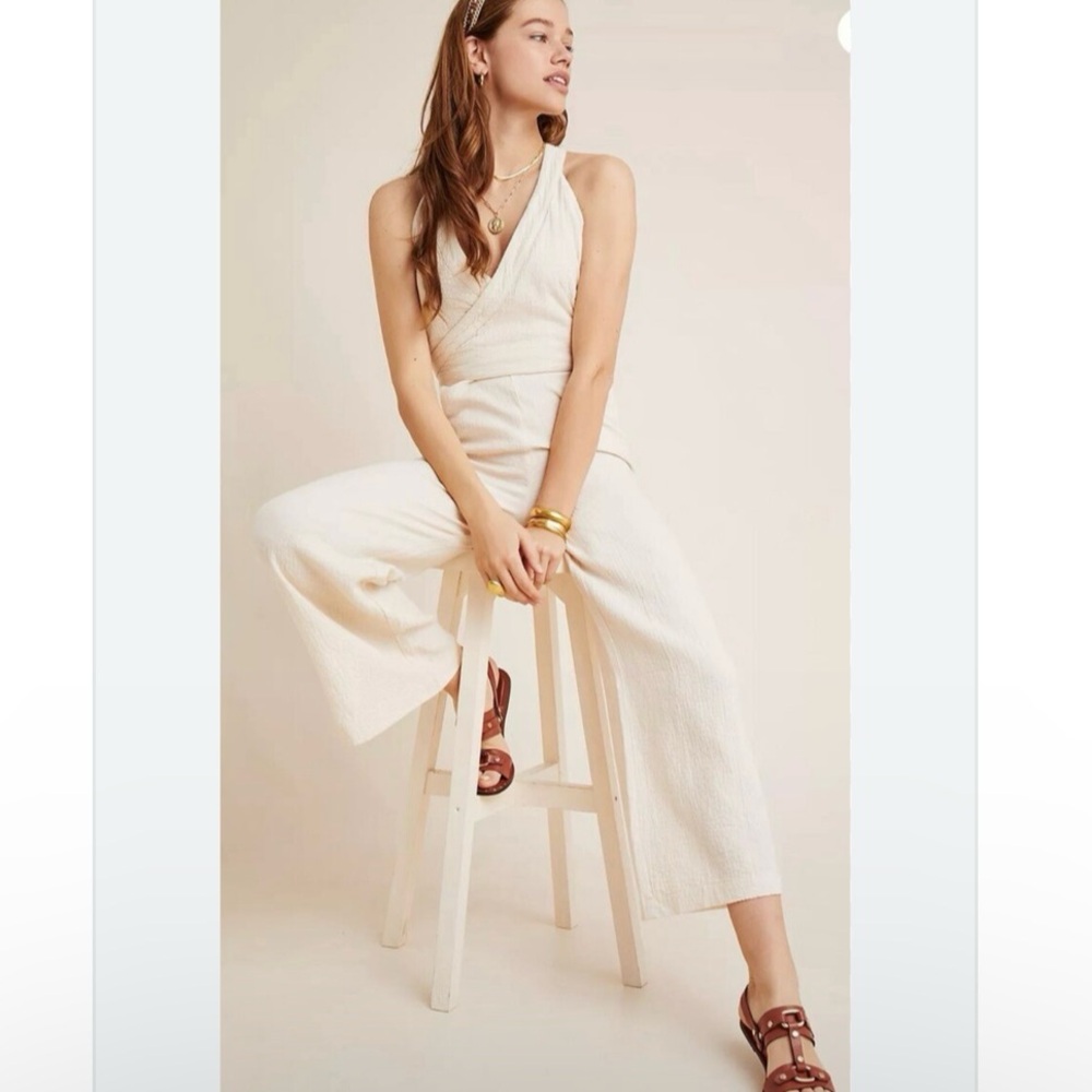 Anthropologie Demi Textured Slubbed Cotton Jumpsuit Wide Leg Neutral Classic